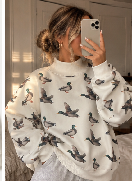 Mallard Duck Print Mock Neck Sweatshirt
