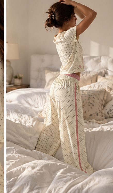 Polka Dot Pink Lace Button-Up Pajama Top