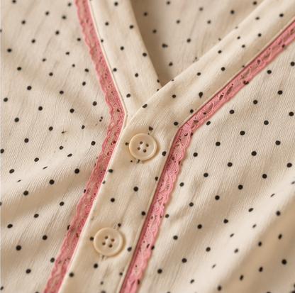 Polka Dot Pink Lace Button-Up Pajama Top