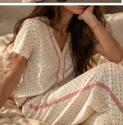 Polka Dot Pink Lace Button-Up Pajama Top