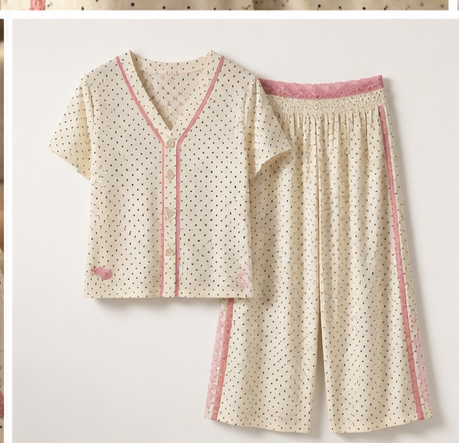 Polka Dot Pink Lace Button-Up Pajama Top