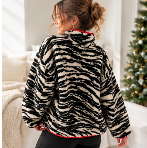 Viral Zebra Sherpa Fleece Quarter Zip