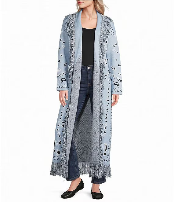 Deberly Bandana Print Fringe Maxi Cardigan