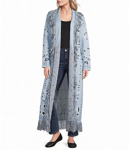 Deberly Bandana Print Fringe Maxi Cardigan