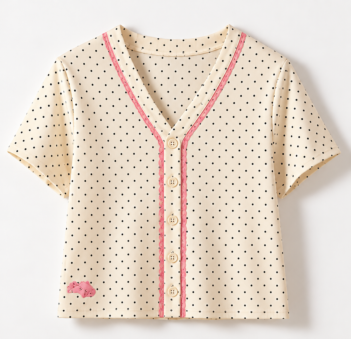 Polka Dot Pink Lace Button-Up Pajama Top
